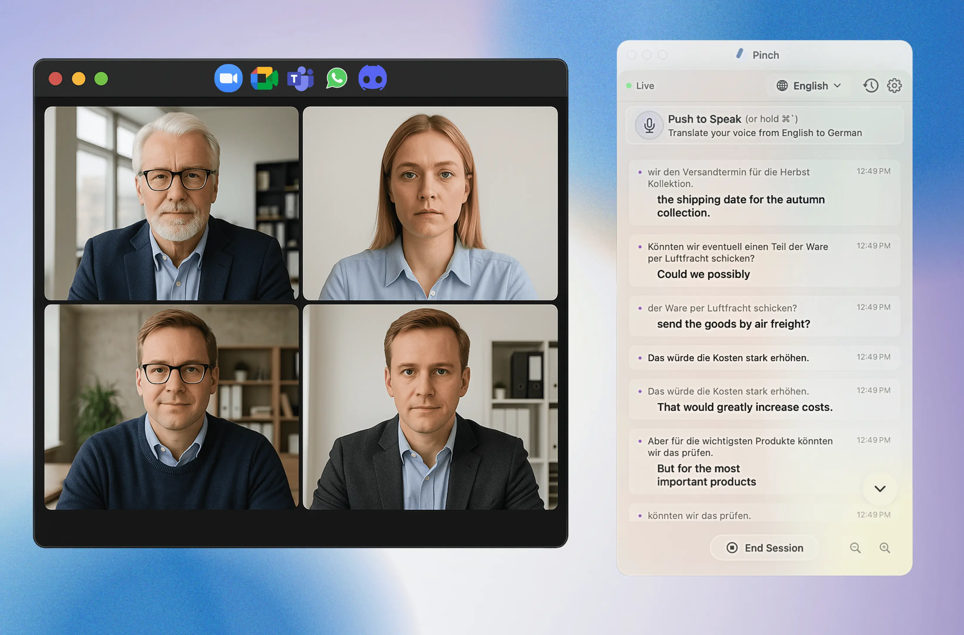 Pinch running alongside video meeting on Mac desktop